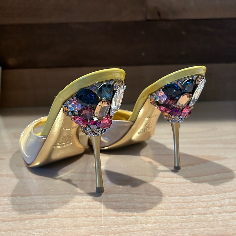 Miu Miu yellow crystal embellished slide heels